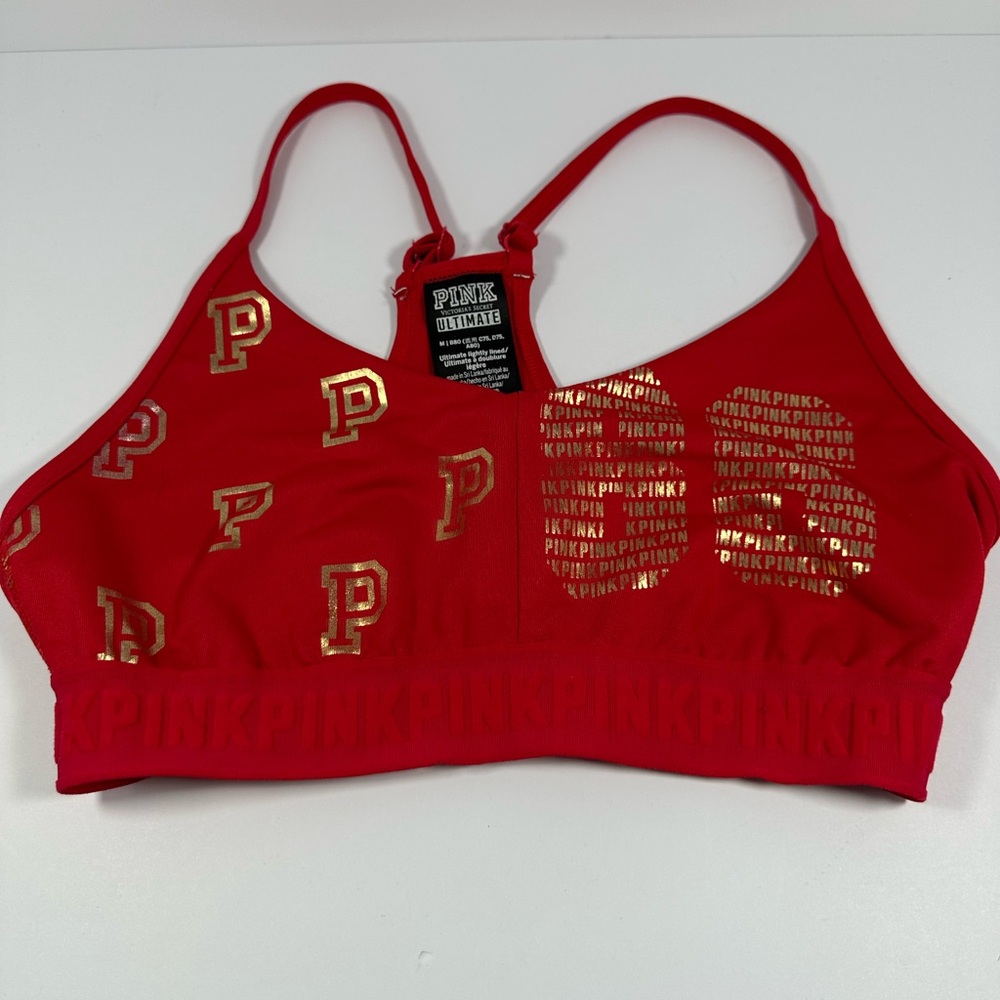 Pink Clover Red Sports Bra with Gold Accents